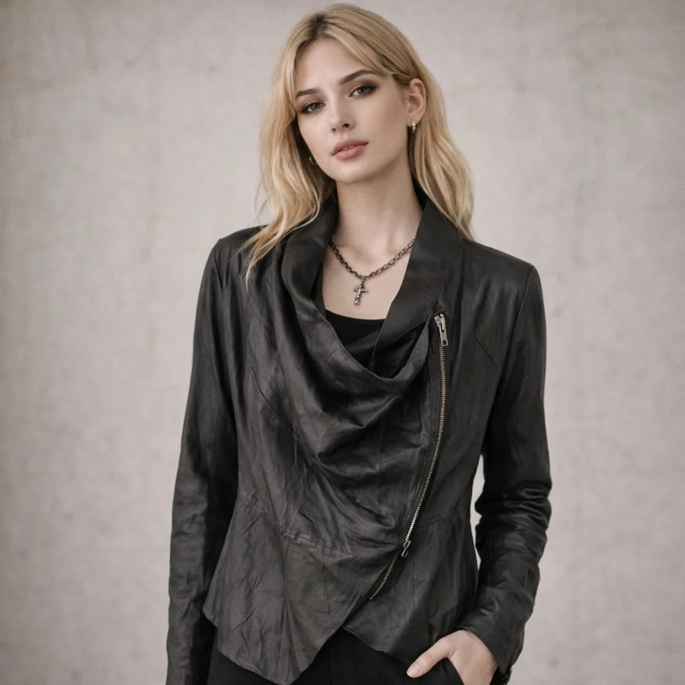 LEATHER RELIGION GOTH LIGHT PAPER DRAPED MOTO JACKET SIZE 12 BLACK